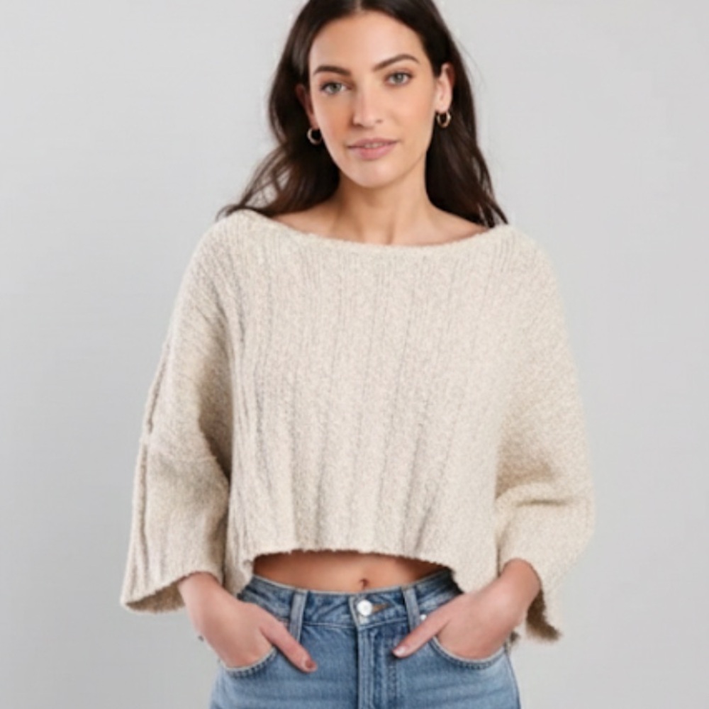 Free People Good Day Palm Slouchy Chunky Knit Pullover Sweater Tan Large